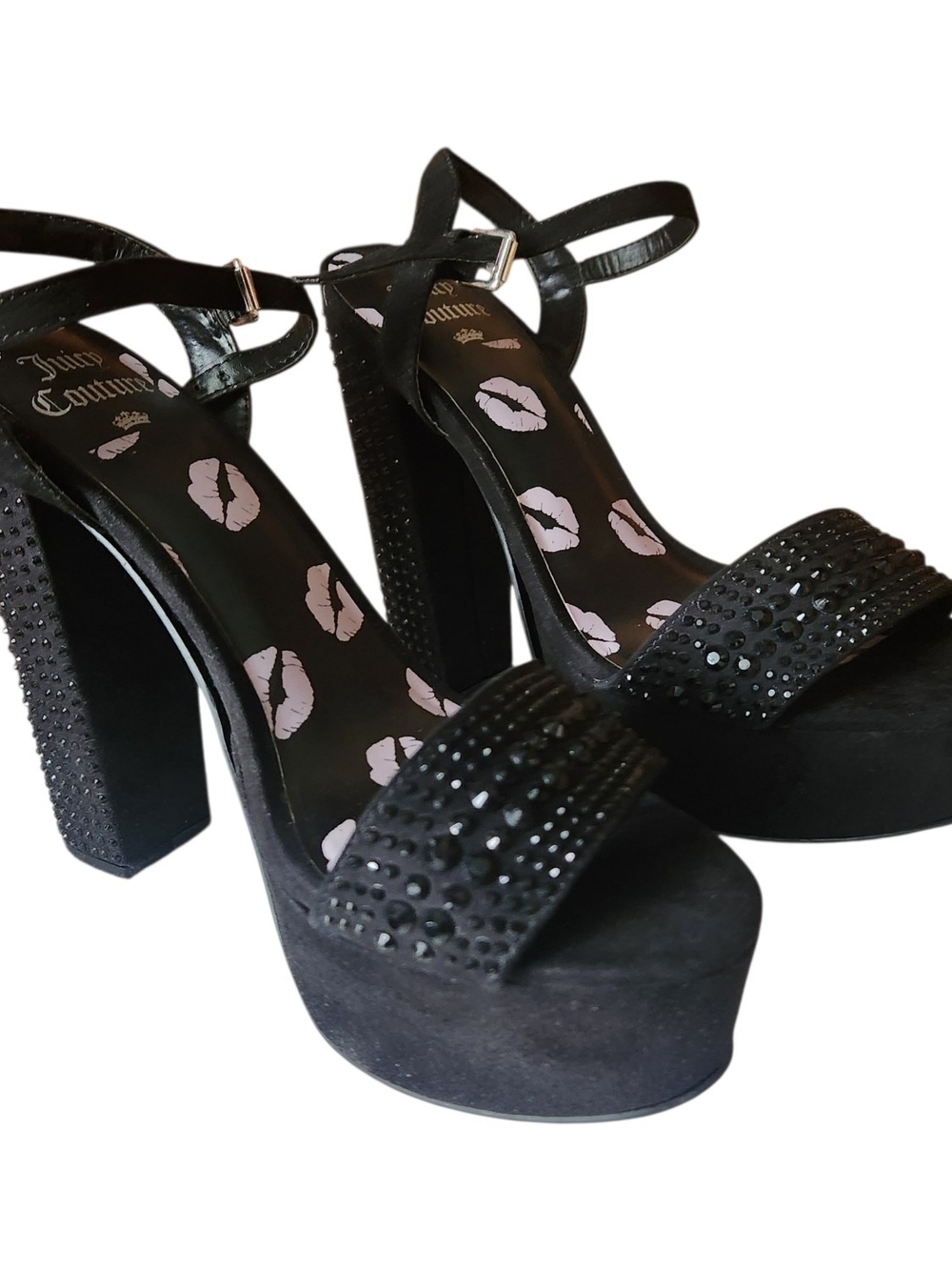 Juicy Couture Black Trice Rhinestone Platform Block With Kissing Lip- Size 8